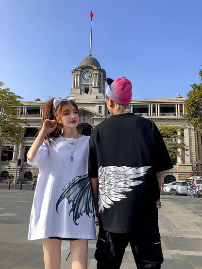 Guochao Couples Summer Dress Ins Angel And Devil Wings Short-Sleeved T-Shirt Men And Women Loose Five-Point Sleeves