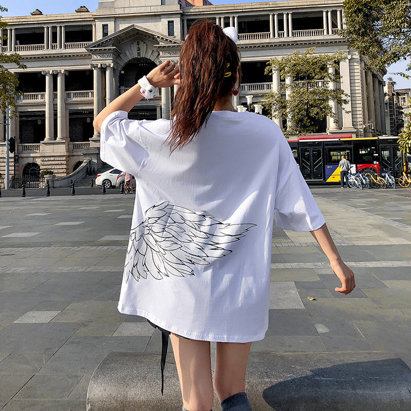 Guochao Couples Summer Dress Ins Angel And Devil Wings Short-Sleeved T-Shirt Men And Women Loose Five-Point Sleeves