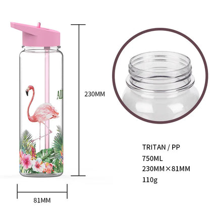 Bpa-Free 750ml Tritan Sports&Outdoor Straw Water Bottle With Flamingos Printing My Drink Juice Handle Straw Kettle For Kids