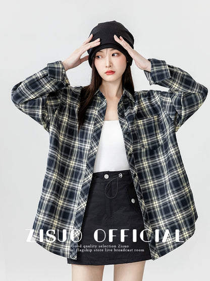 Retro Long Sleeve Spring and Autumn Loose Casual Plaid Shirt