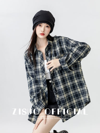 Retro Long Sleeve Spring and Autumn Loose Casual Plaid Shirt