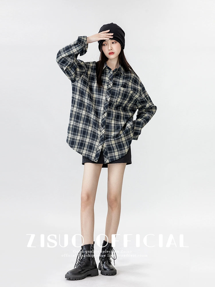 Retro Long Sleeve Spring and Autumn Loose Casual Plaid Shirt