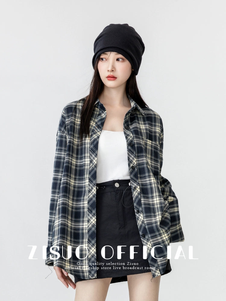 Retro Long Sleeve Spring and Autumn Loose Casual Plaid Shirt