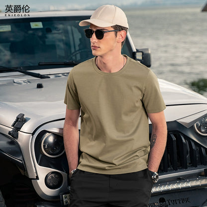 Mercerized Cotton Men Pure White Bottoming Shirt Short Sleeve T-shirt