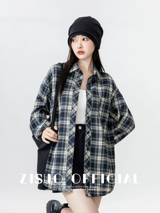 Retro Long Sleeve Spring and Autumn Loose Casual Plaid Shirt