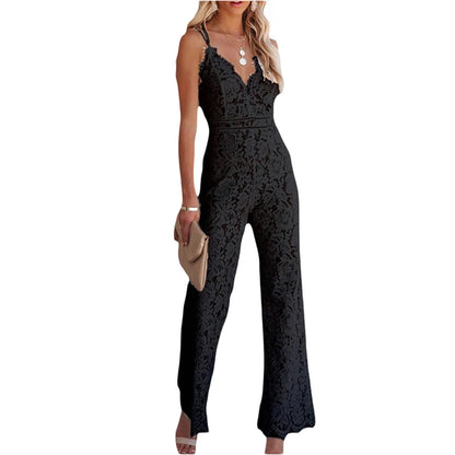 V-Neck Lace Open OL Jump Suit V neck Fashion Office Ladies Elegant Spaghetti Straps Playsuit Wide Leg Jumpsuit Solid Embroidered