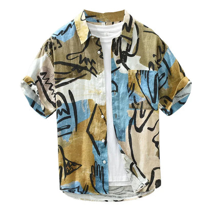 3718 Summer Linen Personality Graffiti Printed Short Sleeve Shirt For Men Casual Beach Holiday Breathable Thin Male Lapel Tops