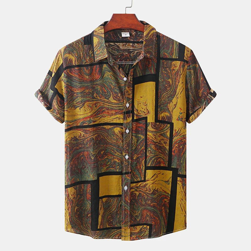 Men's Cotton Polyester Summer Short Sleeve Shirt Vintage Geometric Hawaiian Beach Male Shirts Casual Blouse For Men