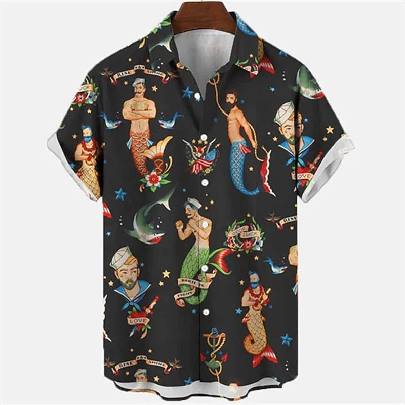 Mermaid retro printed shirts Men's European and American pattern shirts Summer casual short sleeved shirt Hawaiian button shirts