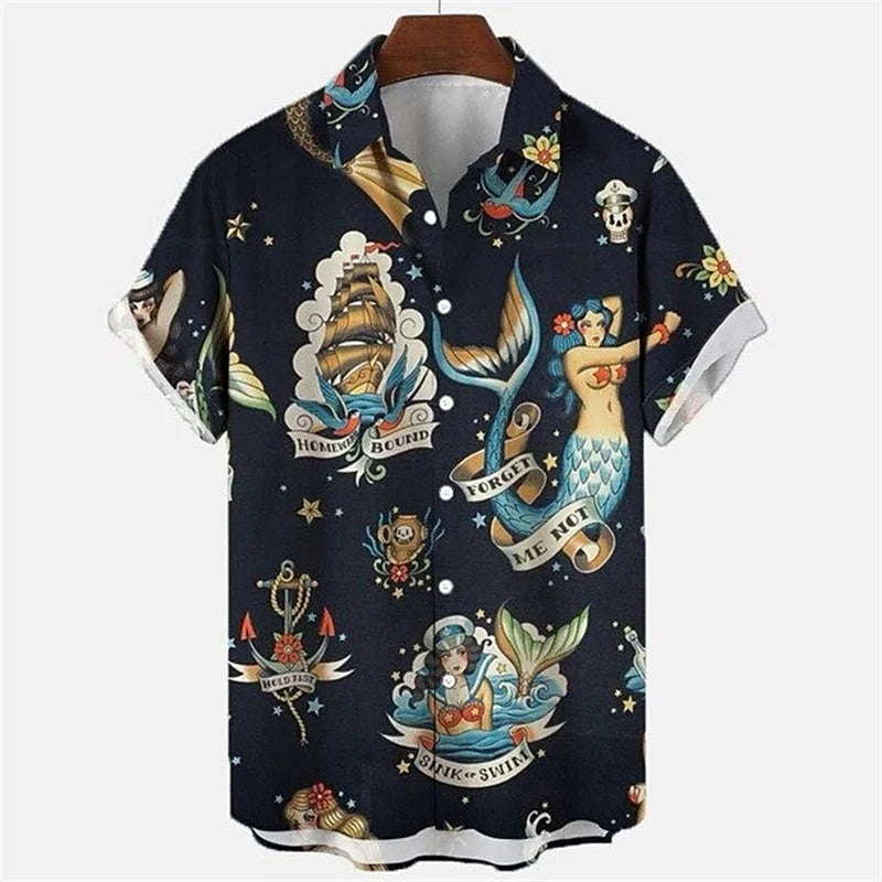 Mermaid retro printed shirts Men's European and American pattern shirts Summer casual short sleeved shirt Hawaiian button shirts