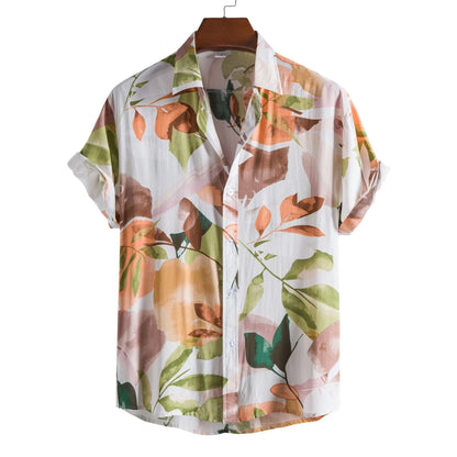 Dopamine Dressing Men's Casual Short-sleeved Flower Shirt Hawaiian Menswear Patchwork Print Turn-down Collar Clothing Leisure