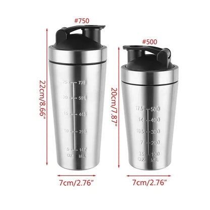 Stainless Steel Protein Powder Shaker Bottle Leak Proof Water Bottle for Gym Fitness Sport Whey Shakes Cup with Scale 500/750ml