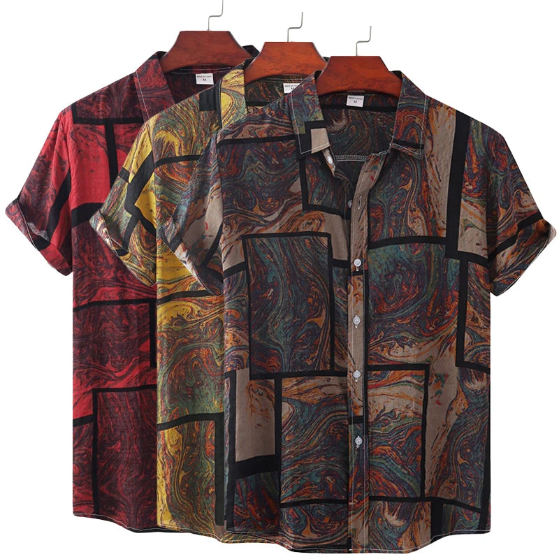 Men's Cotton Polyester Summer Short Sleeve Shirt Vintage Geometric Hawaiian Beach Male Shirts Casual Blouse For Men