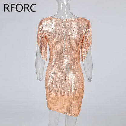 Women Chic Sequins V Neck Tassels Mini Bodycon Party Dress