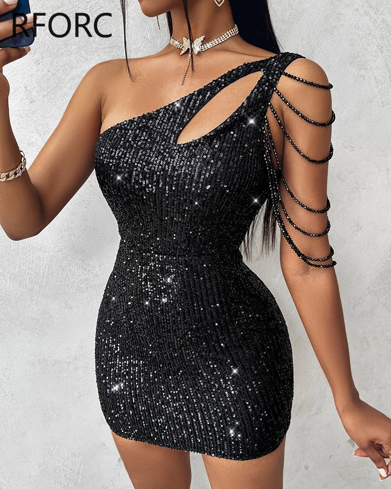 Women One Shoulder Daigonal Collar Sequins Sleeveless Hollow Out Mini Bodycon Dress