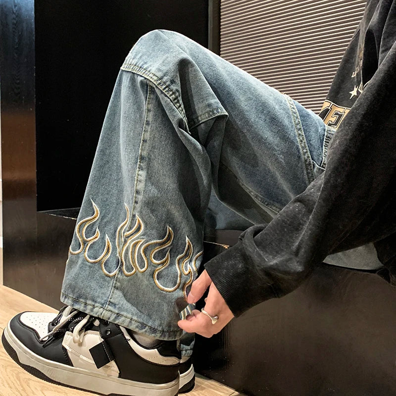 2024 Spring New Personality Embroidery Men's Baggy Jeans Streetwear Loose Straight Denim Trousers Male Brand Clothing