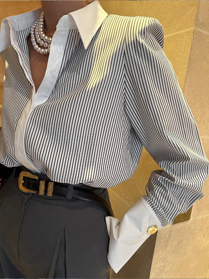 Women's Spring and Autumn Polo Collar Long sleeved Striped Shirt Elegant Office Commuting Fashion Top 2024 New Pink Grey Blue