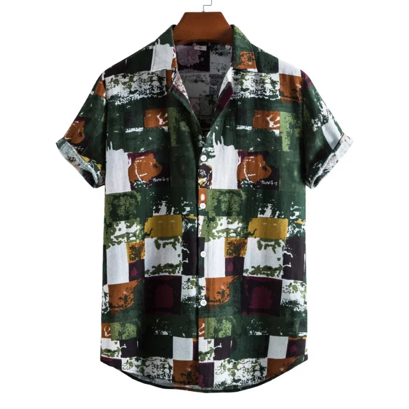 Shirts for Men 2022 Men Casual Cotton and Linen Printed Short-sleeved Shirt Men Clothing