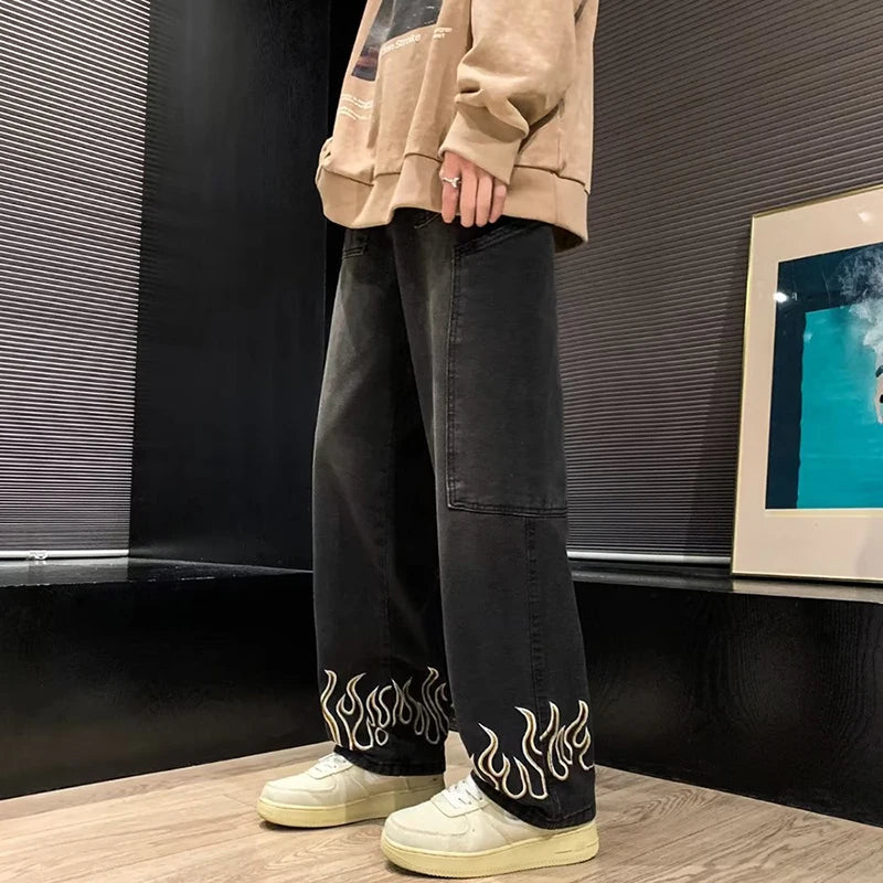 2024 Spring New Personality Embroidery Men's Baggy Jeans Streetwear Loose Straight Denim Trousers Male Brand Clothing