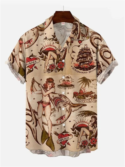 Mermaid retro printed shirts Men's European and American pattern shirts Summer casual short sleeved shirt Hawaiian button shirts