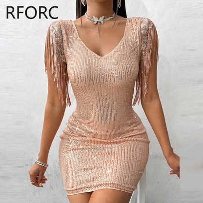 Women Chic Sequins V Neck Tassels Mini Bodycon Party Dress