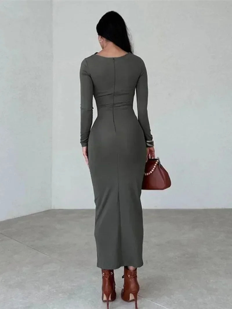 Spring Women's O-neck High Waist Folds Long Dress Streetwear Winter Office Lady Solid Tunics Bodycon Evening Party Dresses