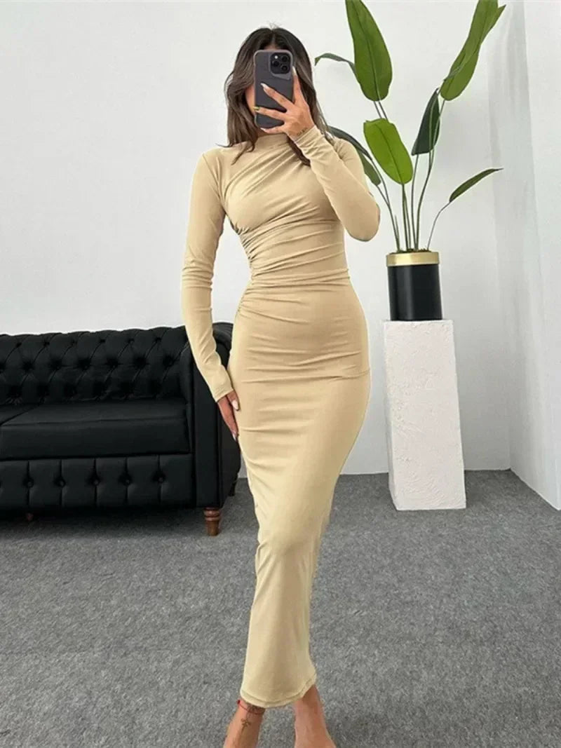 Spring Women's O-neck High Waist Folds Long Dress Streetwear Winter Office Lady Solid Tunics Bodycon Evening Party Dresses