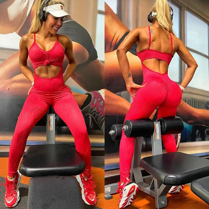 Uoozee New Women Fashion Wave Pattern Solid Color Sports Jumpsuits Summer Sexy Backless Tight Fitness Yoga Jump Suits