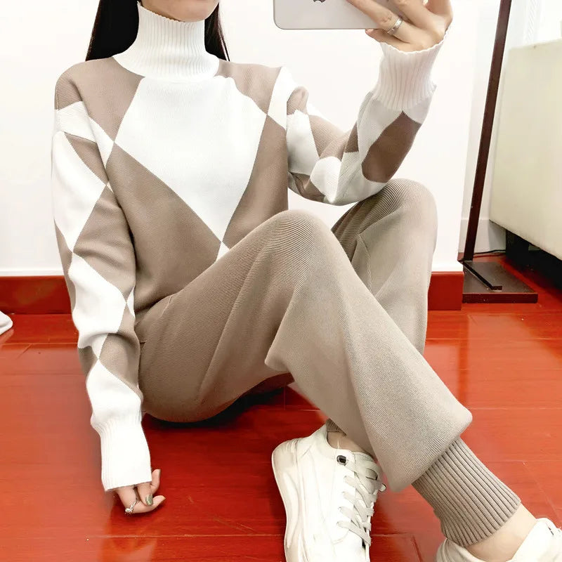 Women Sweater Suits Sets Autumn Winter Fashion Thick Soft Knitted Tracksuit Sets Pullovers Long Pant Casual 2PCS Track Suit