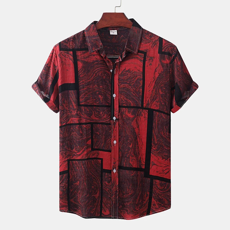 Men's Cotton Polyester Summer Short Sleeve Shirt Vintage Geometric Hawaiian Beach Male Shirts Casual Blouse For Men