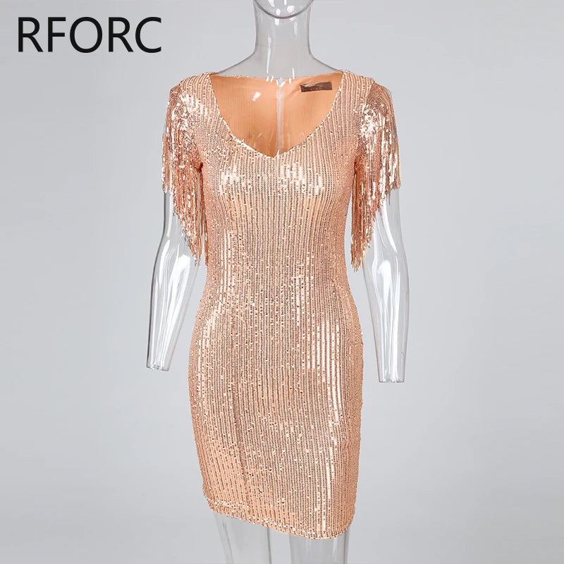 Women Chic Sequins V Neck Tassels Mini Bodycon Party Dress