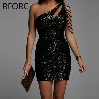 Women One Shoulder Daigonal Collar Sequins Sleeveless Hollow Out Mini Bodycon Dress