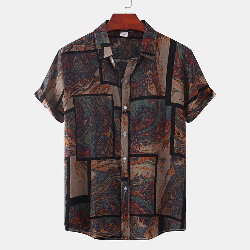 Men's Cotton Polyester Summer Short Sleeve Shirt Vintage Geometric Hawaiian Beach Male Shirts Casual Blouse For Men