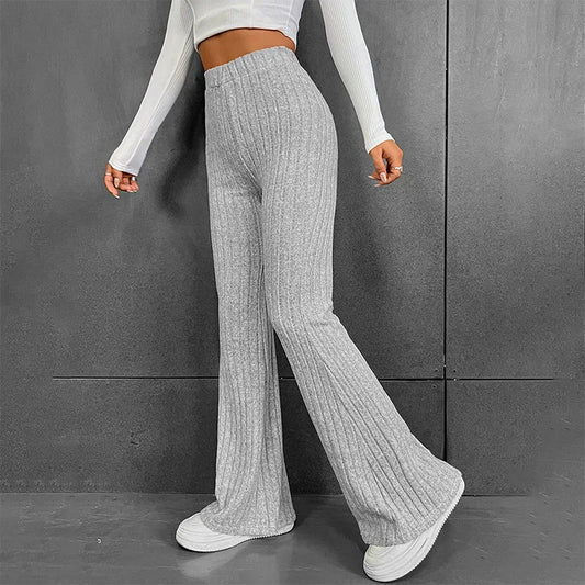 High Waist Flare Long Pants Women Autumn Winter Casual Solid Color Elastic Waist Ribbed Bell-Bottoms Long Trousers Streetwear