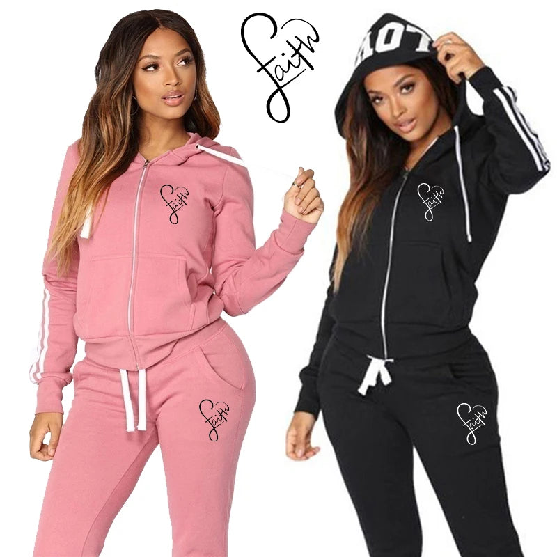 Fashion Faith Print Women Track Suits Sports Wear Jogging Suits Hoodies+Sweatpants Sweat Suits