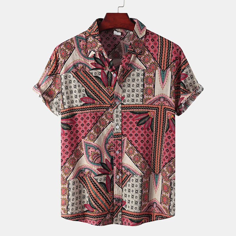 Men's Cotton Polyester Summer Short Sleeve Shirt Vintage Geometric Hawaiian Beach Male Shirts Casual Blouse For Men