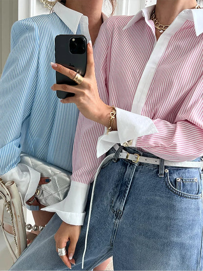 Women's Spring and Autumn Polo Collar Long sleeved Striped Shirt Elegant Office Commuting Fashion Top 2024 New Pink Grey Blue