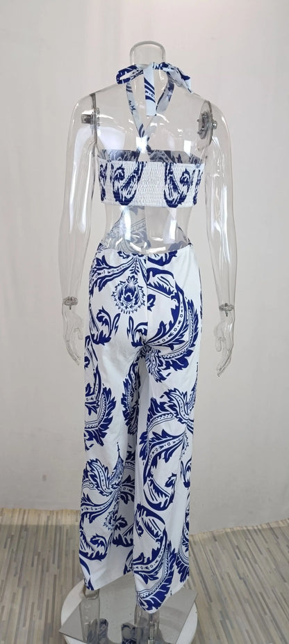 Women Jumpsuit Long Sexy Summer 2024 Elegant Hollow Neckline Printed Wide Leg Suspender Sleeveless High Waist Jump Suit Female