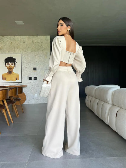 Two Piece Set With Pants Summer Elegant Solid Women Long Sleeve Sexy Short Top Wide Leg Pants Suit Office Lady Clothing