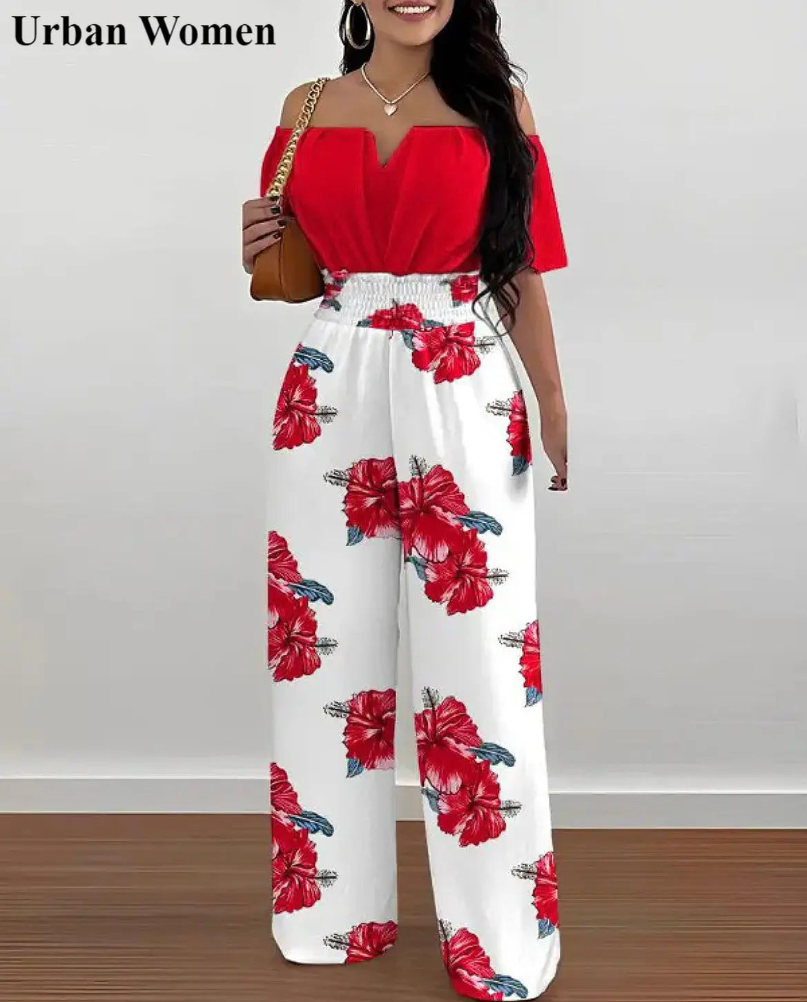 Summer Fashion Printed Wide Leg Jumpsuit Women Sexy Slash Neck Off-shoulder High Waist Jumpsuit Womem