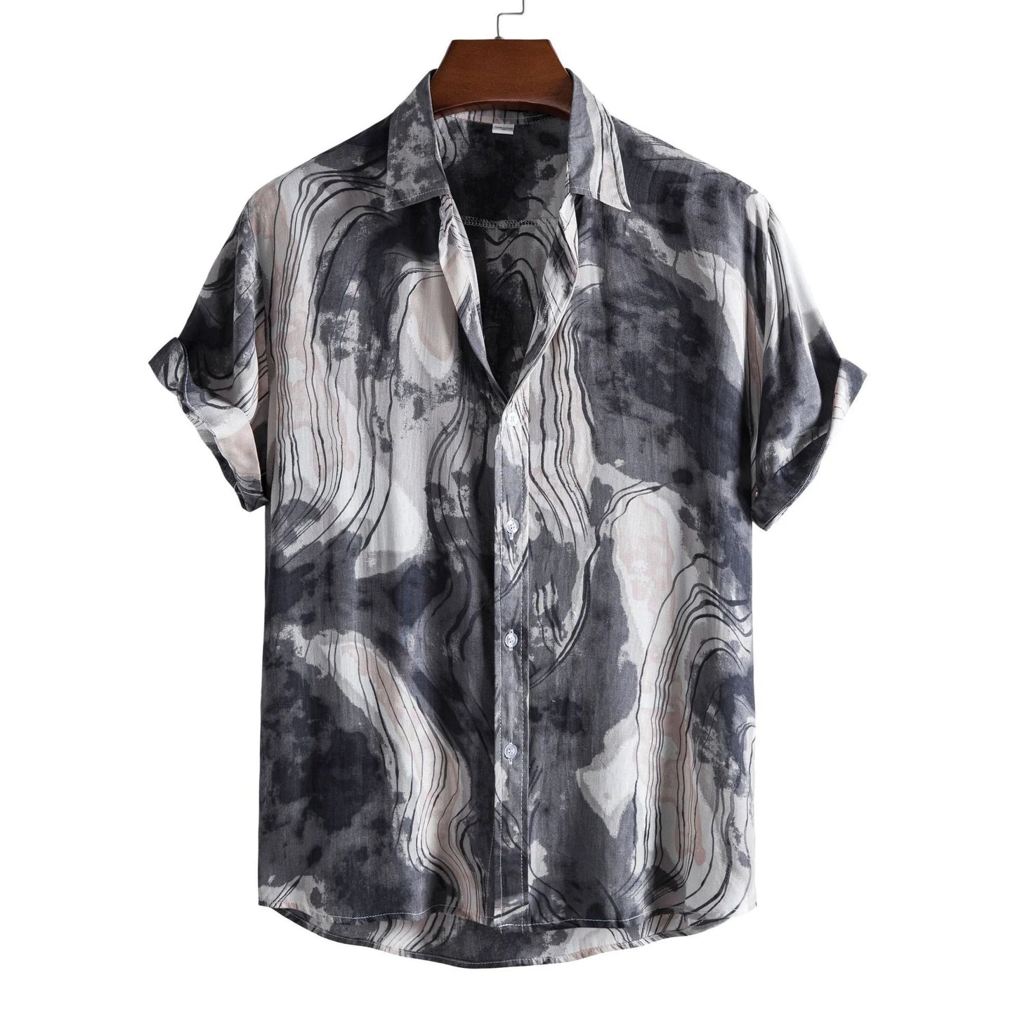 Dopamine Dressing Men's Casual Short-sleeved Flower Shirt Hawaiian Menswear Patchwork Print Turn-down Collar Clothing Leisure