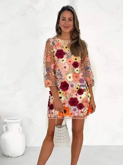 Fashion Flower Printed Embroidered Long Dress Women Elegant O-neck Long Sleeve Lace Slim Dresses 2024 Spring Female Party Robes