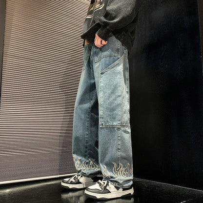 2024 Spring New Personality Embroidery Men's Baggy Jeans Streetwear Loose Straight Denim Trousers Male Brand Clothing