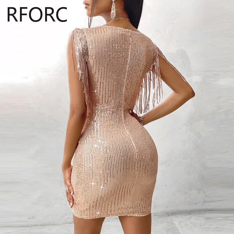 Women Chic Sequins V Neck Tassels Mini Bodycon Party Dress