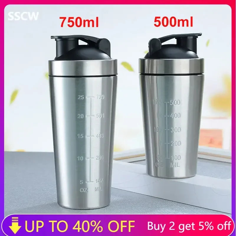 Stainless Steel Protein Powder Shaker Bottle Leak Proof Water Bottle for Gym Fitness Sport Whey Shakes Cup with Scale 500/750ml