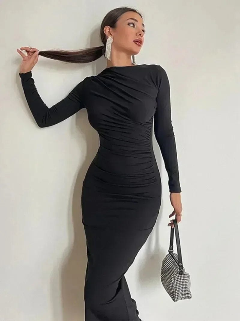 Spring Women's O-neck High Waist Folds Long Dress Streetwear Winter Office Lady Solid Tunics Bodycon Evening Party Dresses